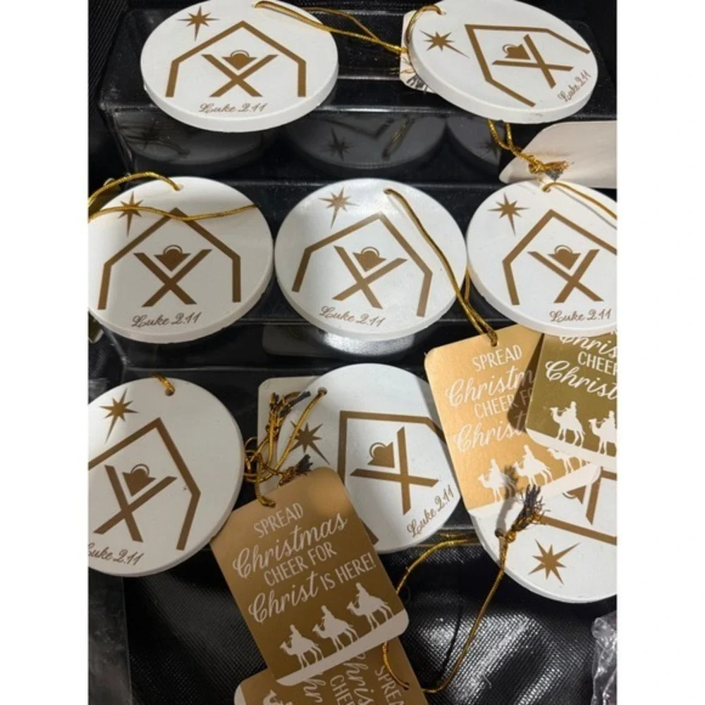 Set of 8 Nativity Ceramic Ornaments White Gold Luke 2:11 Manger Religious Decor